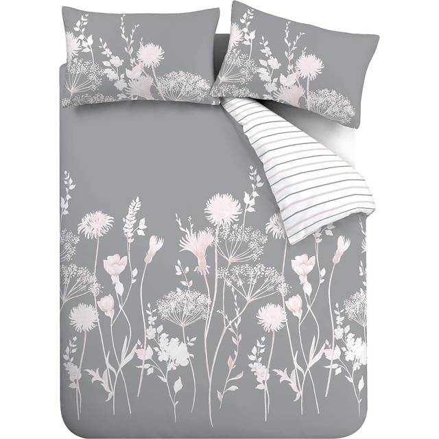 Meadowsweet Floral Reversible Duvet Cover Set with Pillowcases - Grey (Double Duvet Cover + 2 Standard Pillowcases)