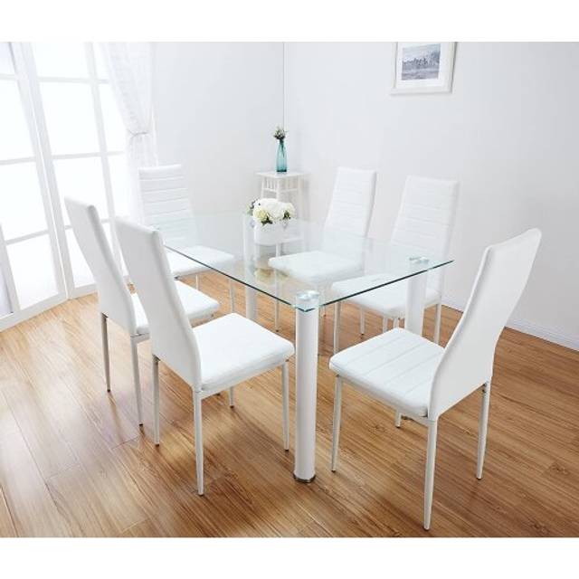 (Table with 6 chairs) WHITE GlASS DINING TABLE WITH FAUX LEATHER CHAIRS