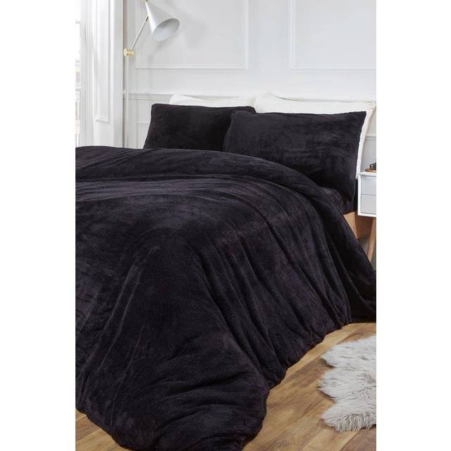 Teddy Fleece Duvet Cover Set - Black / Single