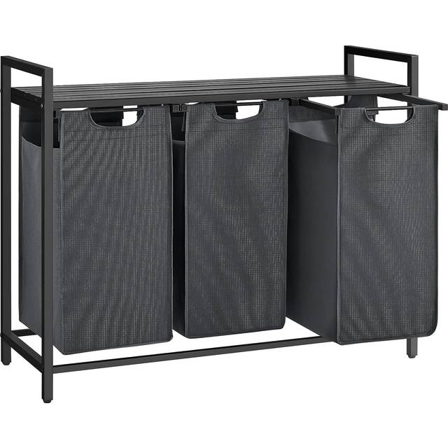 VASAGLE tvättkorg 3 fack, tvättuppsamlare med hylla, tvättlåda, tvättpåse av Oxfordtyg, utdragbar, avtagbar, metallram, 3 x 38 L, 92,5 x 33 x 72 cm, svartgrå BLH301G01