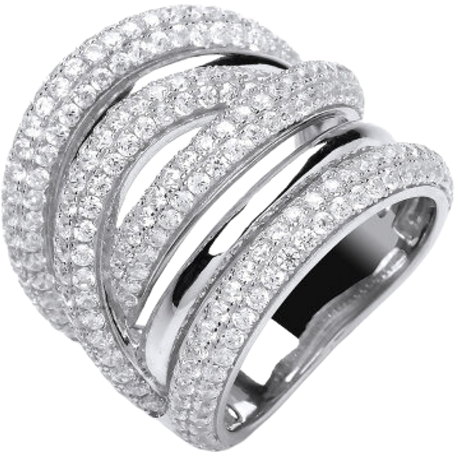 (N) Jewelco London Ladies Rhodium Plated Sterling Silver Cubic Zirconia 6 Row Pave Crossover Dress Ring