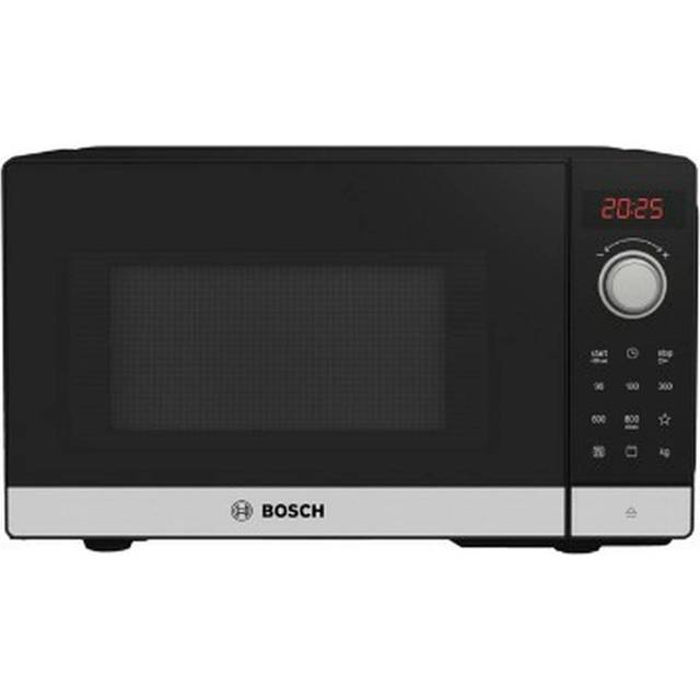 Bosch FEL023MS2 Serie 2 Mikrovågsugn, 26 x 44 cm, 800 W, 27 cm roterande platta, gångjärn till vänster, AutoPilot 8, 8 automatiska program, stöd för rengöring, LED-pekskärm, rostfritt stål