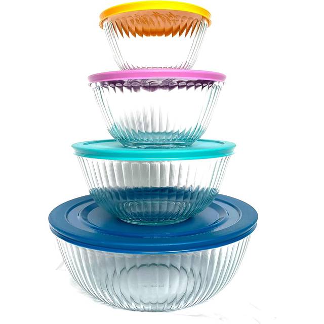 pyrex 100+ Years Glass Mixing Bowls 8-Piece Improved (Limited Edition) - Assorted Colors Lid - Colors May Vary