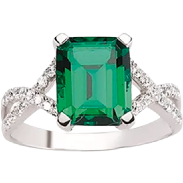 (N) Jewelco London Ladies Rhodium Plated Sterling Silver Green Emerald Cut Cubic Zirconia Criss Cross Engagement Ring