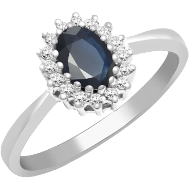 (M) Jewelco London 9ct White Gold H I2 0.12ct Diamond and Oval Blue 0.56ct Sapphire Classic Royal Cluster Ring 9mm - Silver