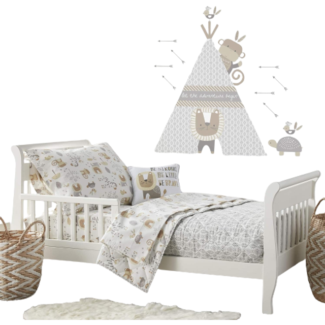 Levtex Baby Kenya Animals Beige  Grey  White - 5PC Toddler Set - Neutral Kids Bedding- Reversible Quilt  Fitted Sheet  Flat Sheet  Standard Pillow Cas
