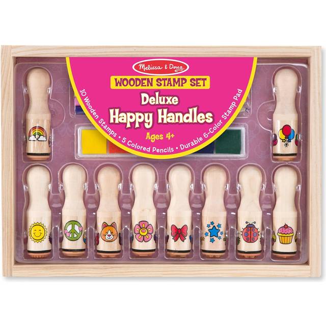 Melissa & Doug Deluxe Happy Handle Stamp Set With 10 Stamps  5 Colored Pencils  and 6-Color Washable Ink Pad