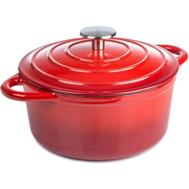 Round Casserole Dish - Cast Iron Ceramic Induction and Gas Safe Dutch Oven Roasting Cooker - with Lid - 10 Year Gurantee (5.2L Casserole, Re