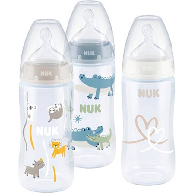 NUK First Choice+ Baby Bottles Set | 0-6 Months | Temperature Control | Anti Colic Vent | 300 ml | BPA-Free | Silicone Teat | 3 Count | Safari