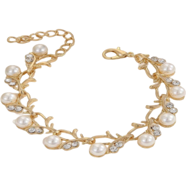 SHEIN 1pc Luxury Zinc Alloy Faux Pearl & Rhinestone Decor Leaf Detail Chain Bracelet For Women For Daily Life