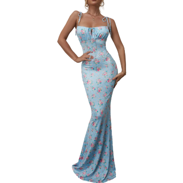 PARTHEA Tie Shoulder Fishtail Hem Floral Print Maxi Prom Dress