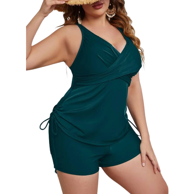 Plus Enfärgat Tankinis Uppsättningar Dragsko vid Sidan Justerbar Rem Cami Toppar & Bikini-shorts 2 stycken Baddräkt - Blågrön (0XL,1XL,2XL,3XL,4XL)