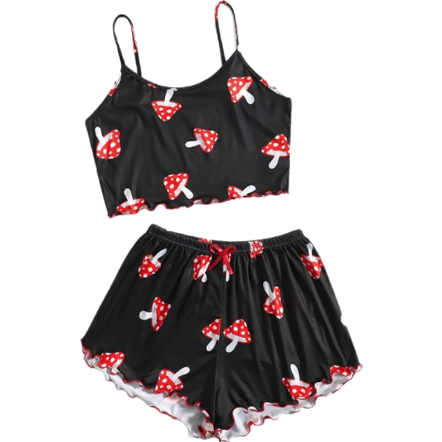 SHEIN Mushroom Print Tie Front Lettuce Trim Pyjama Set