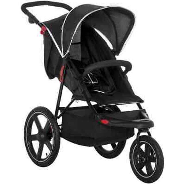 Homcom Three Wheeler Pushchair, Lightweight Foldable Running Baby Stroller With Fully Reclining, Adjustable Handlebar Backrest, Sun Canopy Black