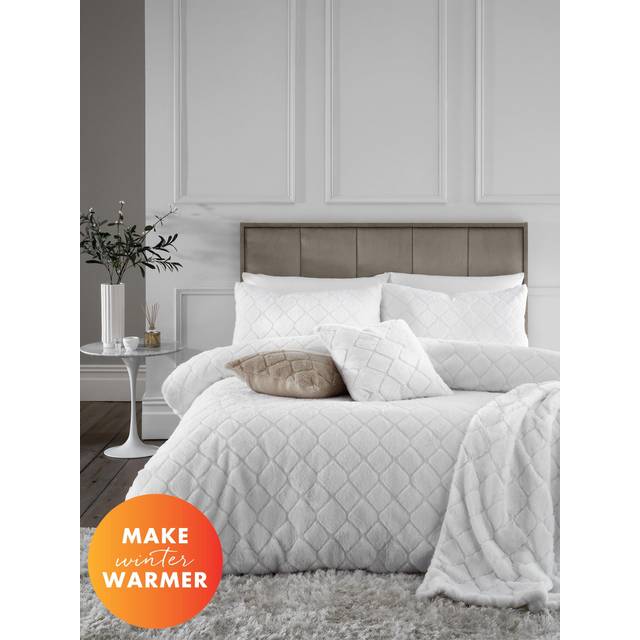 Catherine Lansfield Cosy Diamond Faux Fur Duvet Cover Bedding Set White