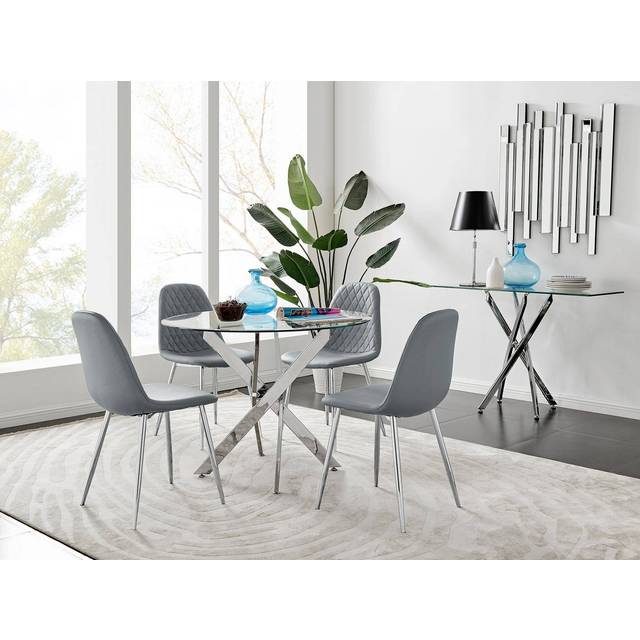 Novara Chrome Metal 100cm Round Glass Dining Table 4 Corona Silver Leg Chairs - Grey