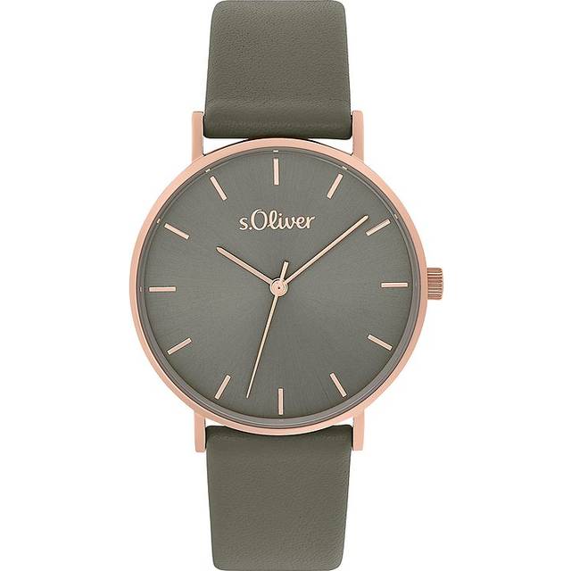 s.Oliver armbandsur dam quartz klocka analog, med läderband, grå, 3 bars vattentät, kommer i klockor presentförpackning, 2033488