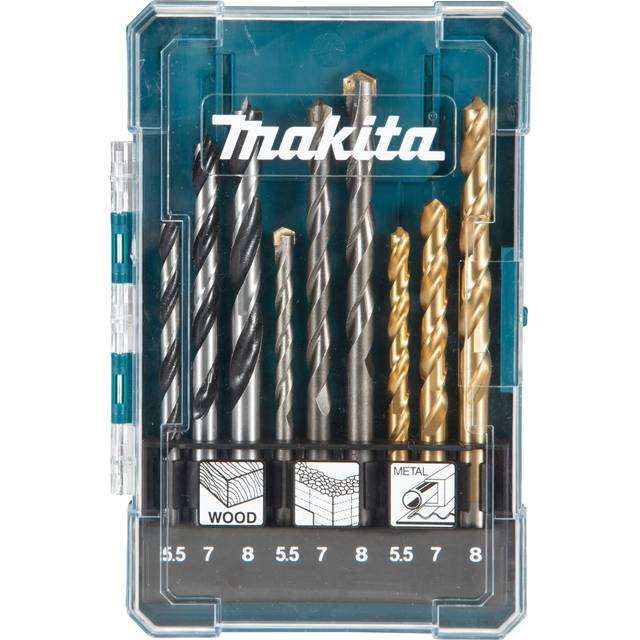 Makita D-71978 9 Piece HSS Metal Brad Point Wood TCT Masonry Mix Drill Bit Set