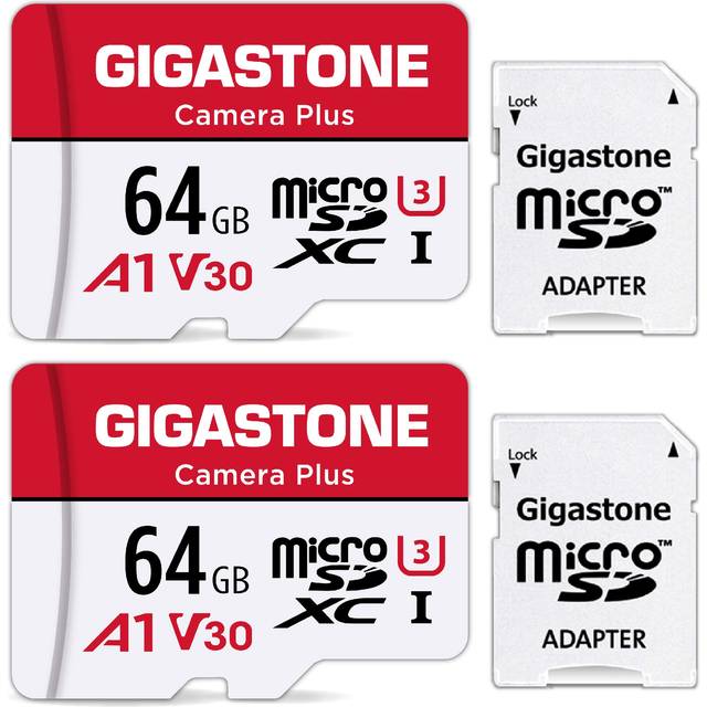 Gigastone 64 GB 2-pack Micro SD-kort, kamera Plus, MicroSDXC-minneskort för Wyze Cam, säkerhetskamera, smartphone, Fire Tablet, 4K videoinspelning, UHS-I U3 A1 V30, 95 MB/s, med Adapte