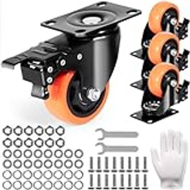 Mophorn - 3-Inch Swivel Plate Casters, Set of 4, Security a/b Locking, No Noise pvc Wheels, Heavy Duty 250 lbs Load Capacity Each, Non-Marking for