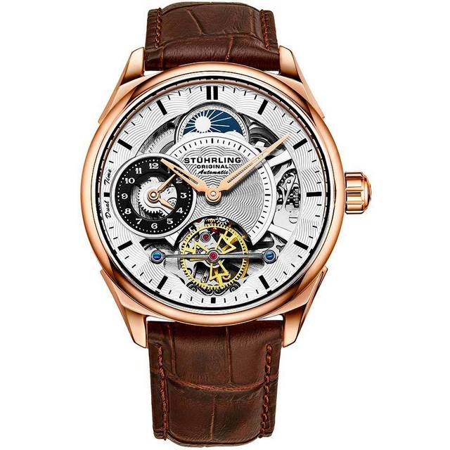 Presidia 943A Dual Time Automatic Watch 42mm Case Skeleton Dial Leather Strap - Metallics - One Size