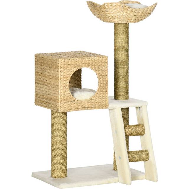 Pawhut Cat Tree For Indoor Cats Kitten Tower Cattail Weave With Scratching Posts, Cat House, Bed, Ladder, Washable Cushions, Natural Finish