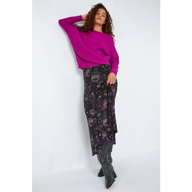 Floral Print Midi Elastic Waist Stretch Skirt - Black - Size 10 - Roman