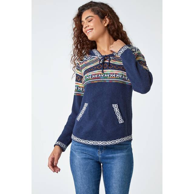 Roman Midnight Blue Nordic Print Hooded V-Neck Jumper - Size 20