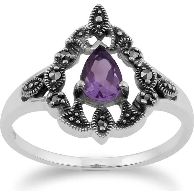 Art Nouveau Style Pear Amethyst & Marcasite Statement Ring in 925 Sterling Silver