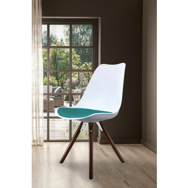 Fusion Living Soho Plastic Dining Chair With Pyramid Dark Wood Legs White & Teal, Green