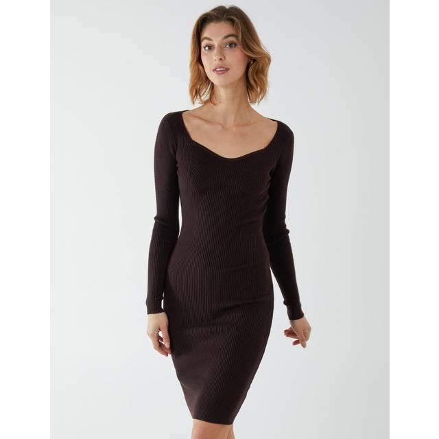 Blue Vanilla Womens Ribbed Sweethart Neck Knee Length Dress - Chocolate Nylon - Size Medium