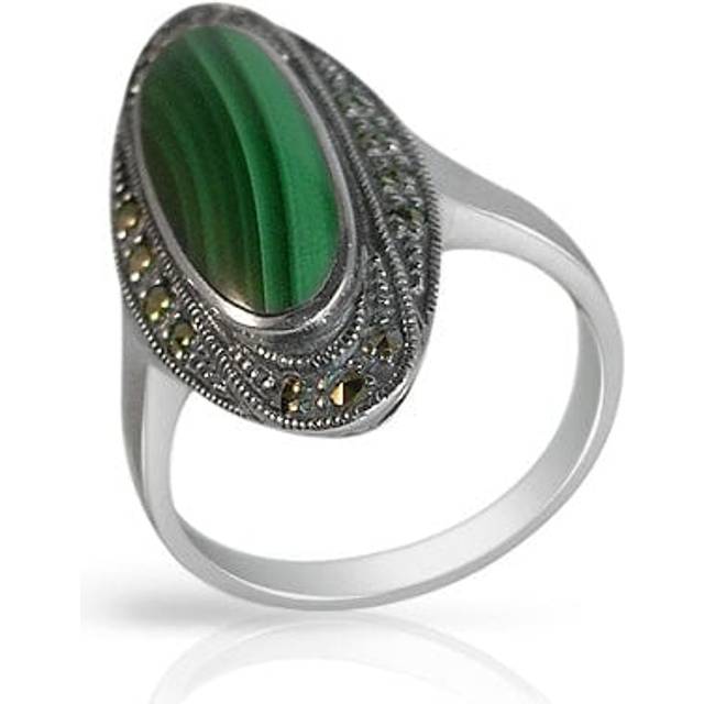 (N) Art Deco Style Oval Malachite Cabochon Cocktail Ring in 925 Sterling Silver