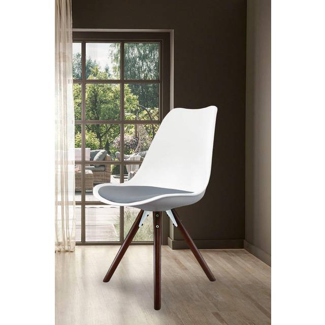 Fusion Living Soho White Plastic Dining Chair with Pyramid Legs - Dark Grey