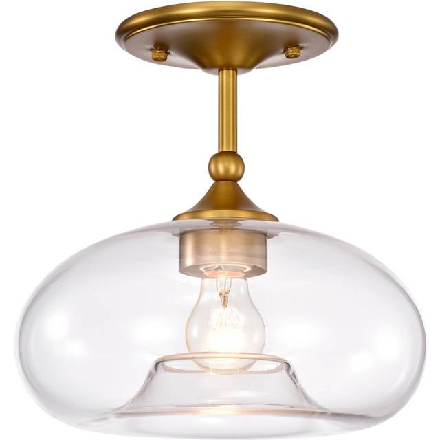Warehouse of Tiffany HM005-1AGB 24.4 in. Charli 1-Light Curved Clear Glass Shade Light with Semi-Flush Mount, Aged Brass