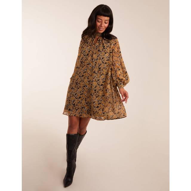 Womens Keyhole Swing Dress Long Sleeve - Yellow - S