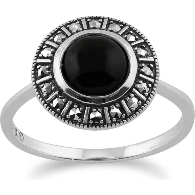 Art Deco Style Round Black Onyx Cabochon & Marcasite Halo Ring in 925 Sterling Silver