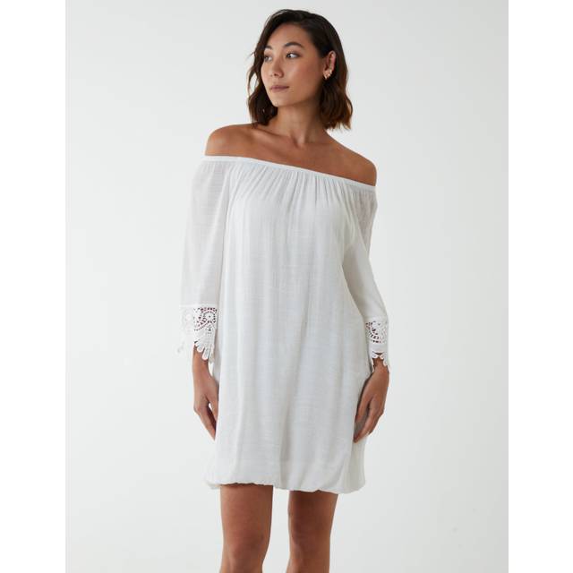 Womens Tunic Puffball With Crochet Lace - White - M