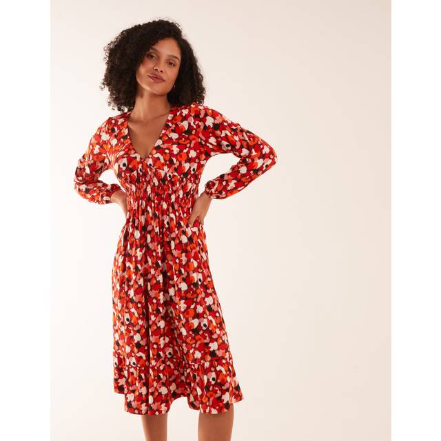 Womens V Neck Shirred Waist Midi Dress - Orange - S