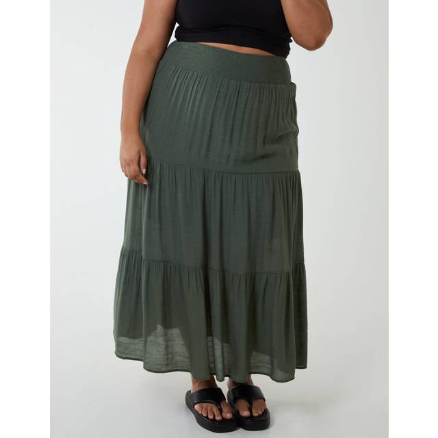 Curve Tiered Shirred Maxi Skirt - 26/28 / KHAKI