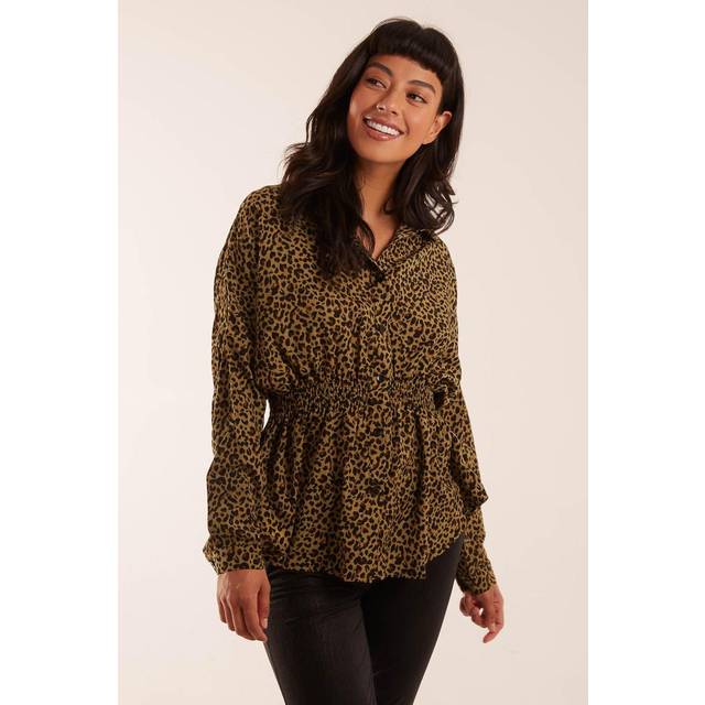 Blue Vanilla Womens Leopard Print Shirred Waist Shirt - Khaki - Size Small