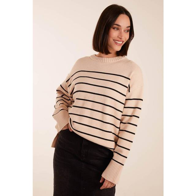 Blue Vanilla Womens Thin Stripe Crew Neck Chunky Jumper - Stone - Size Medium