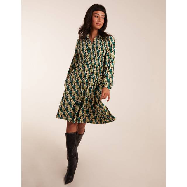 Womens Shirred Bust Long Sleeve Shirt Dress - Green - S