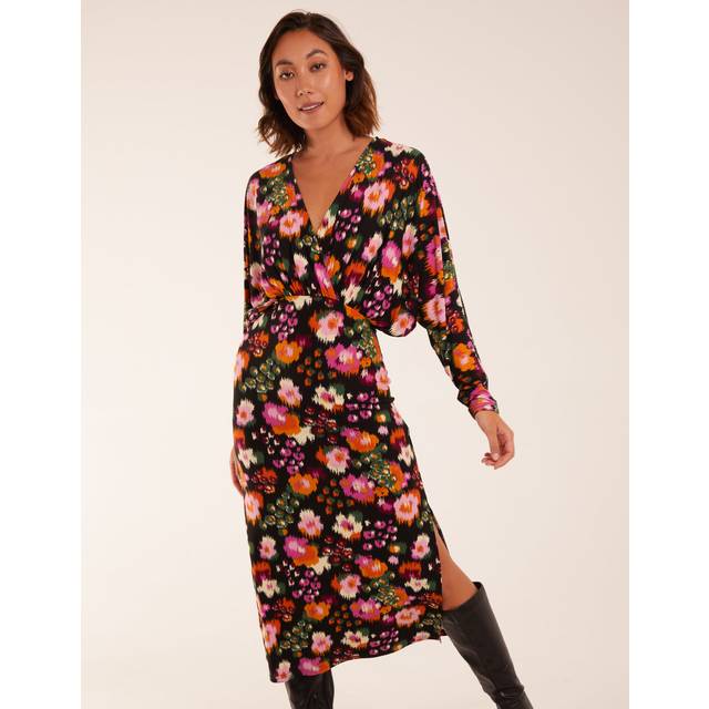 Womens Wrap Batwing Midi Dress With Side Split - Black - S