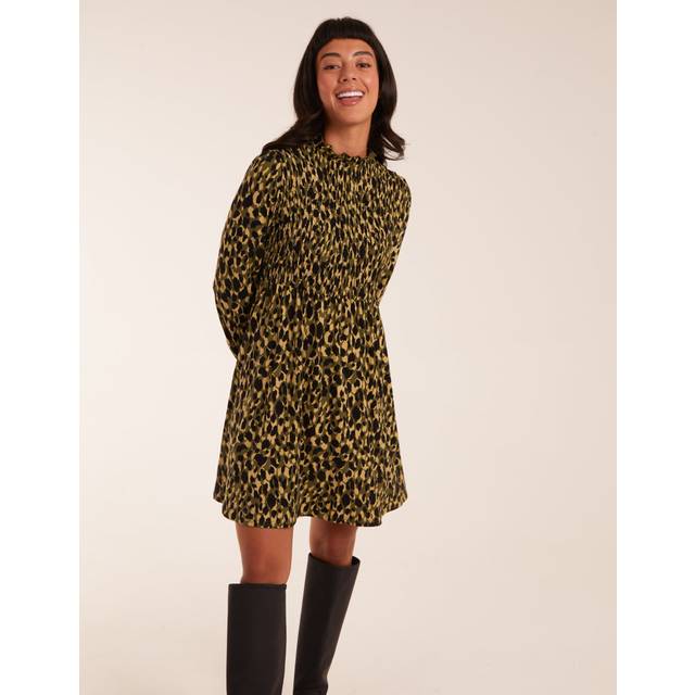 Womens Shirred Trapeze Mini Dress - Green - L