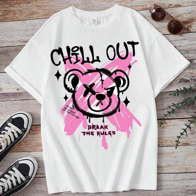 SHEIN Casual Short Sleeve Women&#39;s T-Shirt With Fitted Teddy Bear Pattern, Suitable For Summer CHILL OUT BREAK THE RULES