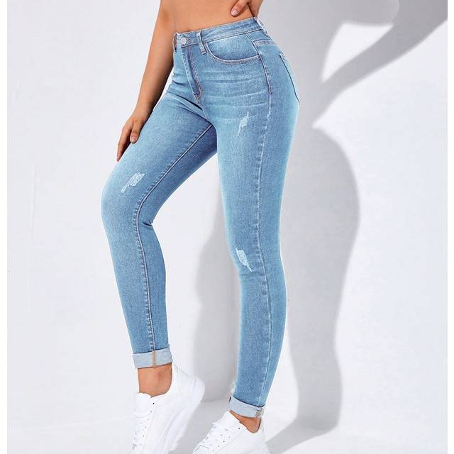 SHEIN High-Waisted Button-Embellished Skinny Stretch Distressed Y2K Jeans