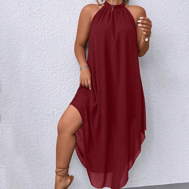 SHEIN Plus Size Red Halter Fashionable Dress Burgundy Women Outfit