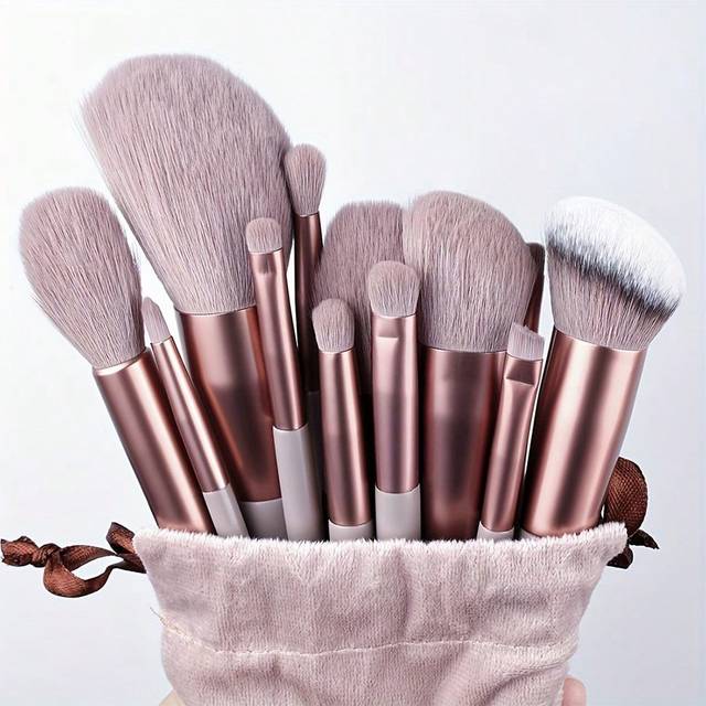 SHEIN 13Pcs Portable Makeup Brush Set For Blush, Makeup Brushes Set,Eyeshadow Cosmetic Brush Set Blush Brush Makeup Tools,Maillard,Essential For Home,Travel
