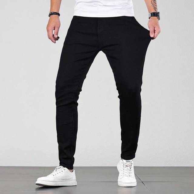 Manfinity Men&#39;s Solid Color Slim Fit Jeans, Plain Slim Fit Dark Jeans Long Plain Black Washed Cargo Jeans, For Husband, Boyfriend Gifts