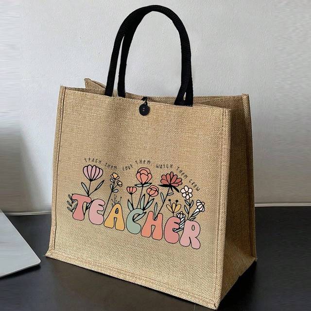 Roligt mönstertryckt tygpåse med stor kapacitet, enkel tygpåse i linne, Återanvändbar shoppingväska, julklappsväska, tygpåse i canvas för kvinnor, säc - Kaki (En-Storlek)